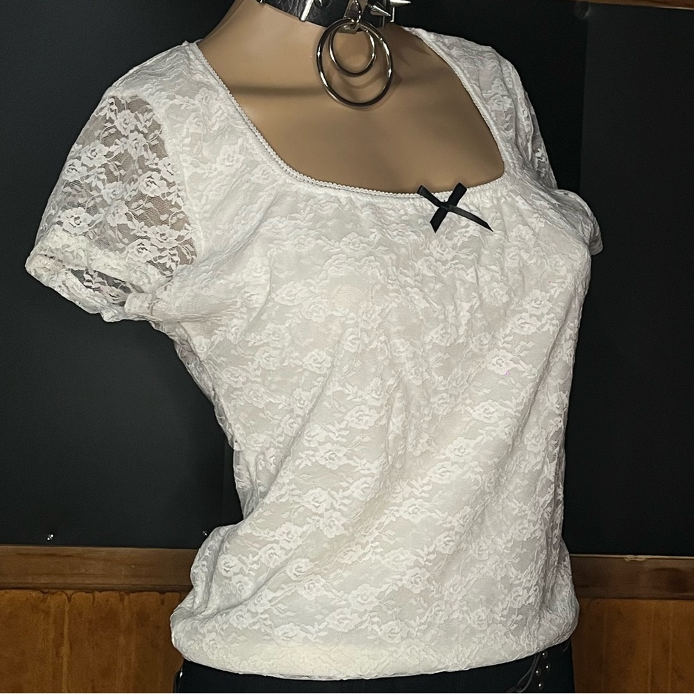 White lace babydoll top with black bow